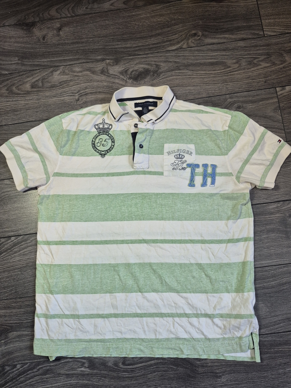Vintage Tommy Hilfiger Striped Collegiate Polo Shirt Large Green White 85